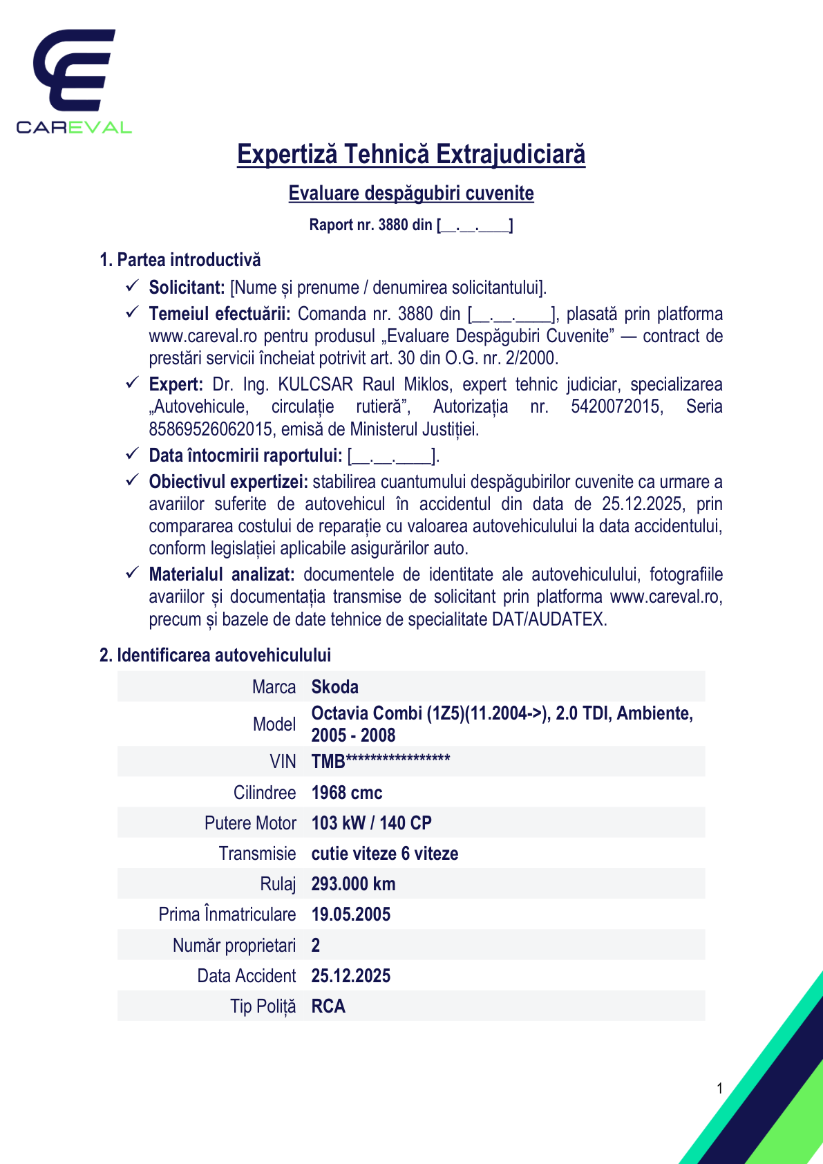 Model de raport — Evaluare tehnică a prejudiciului