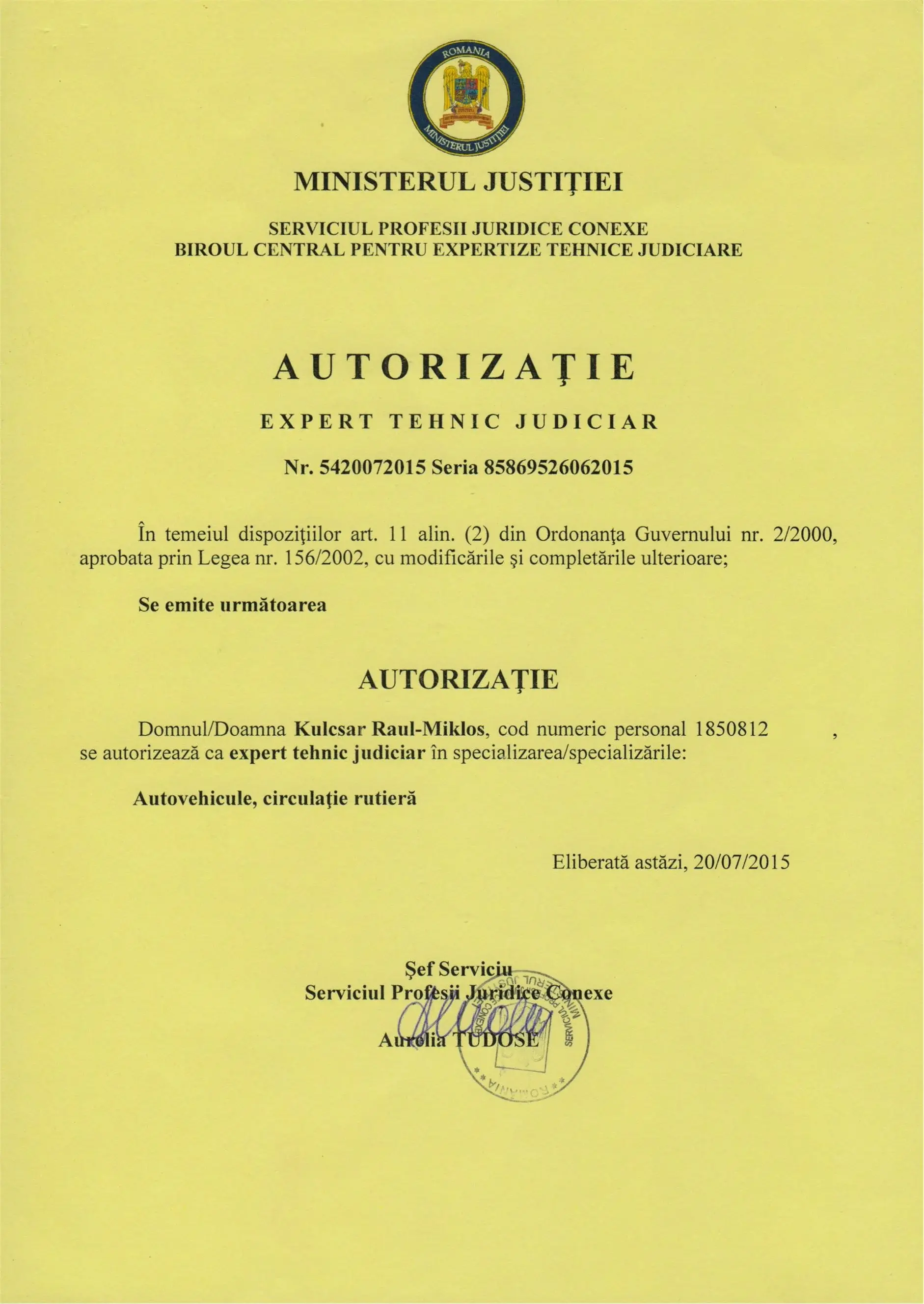Autorizație expert tehnic judiciar — Ministerul Justiției România